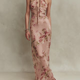 Bethany - Elegant Floral Print Chiffon Maxi Dress with Keyhole Neckline