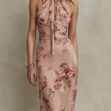 Bethany - Elegant Floral Print Chiffon Maxi Dress with Keyhole Neckline