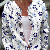 Iris - Vintage Floral Bird Print Button-Front Cardigan Sweater