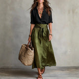 Lyla - Two-Piece Set: Black T-Shirt and Olive Green Midi Skirt