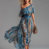 Lauren - Long chiffon dress with leopard print and bare shoulders