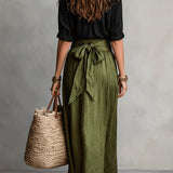 Lyla - Two-Piece Set: Black T-Shirt and Olive Green Midi Skirt