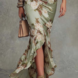 Isabella - Asymmetrical long dress in green satin with V-neck, flared puff sleeves, and floral pattern