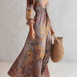 Natalie - Paisley Print V-neck Gathered Chiffon Maxi Dress