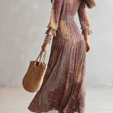 Natalie - Paisley Print V-neck Gathered Chiffon Maxi Dress