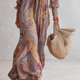 Natalie - Paisley Print V-neck Gathered Chiffon Maxi Dress