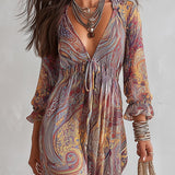 Natalie - Paisley Print V-neck Gathered Chiffon Maxi Dress