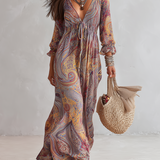 Natalie - Paisley Print V-neck Gathered Chiffon Maxi Dress