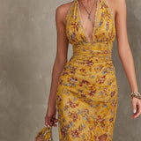 Emery - Ginger Yellow Floral Halter Neck Fitted Waist Chiffon Midi Dress