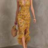 Emery - Ginger Yellow Floral Halter Neck Fitted Waist Chiffon Midi Dress