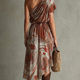 Dawn - Boho One-shoulder Irregular Marble Abstract Print Chiffon Midi Dress