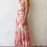 Alexandra - Pink Floral Chiffon Pleated Print Sleeveless Midi Dress