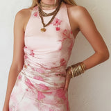 Alexandra - Pink Floral Chiffon Pleated Print Sleeveless Midi Dress