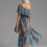 Lauren - Long chiffon dress with leopard print and bare shoulders