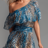 Lauren - Long chiffon dress with leopard print and bare shoulders