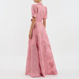 Margaret - Long Dress in Floral Jacquard with Belt