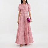 Margaret - Long Dress in Floral Jacquard with Belt